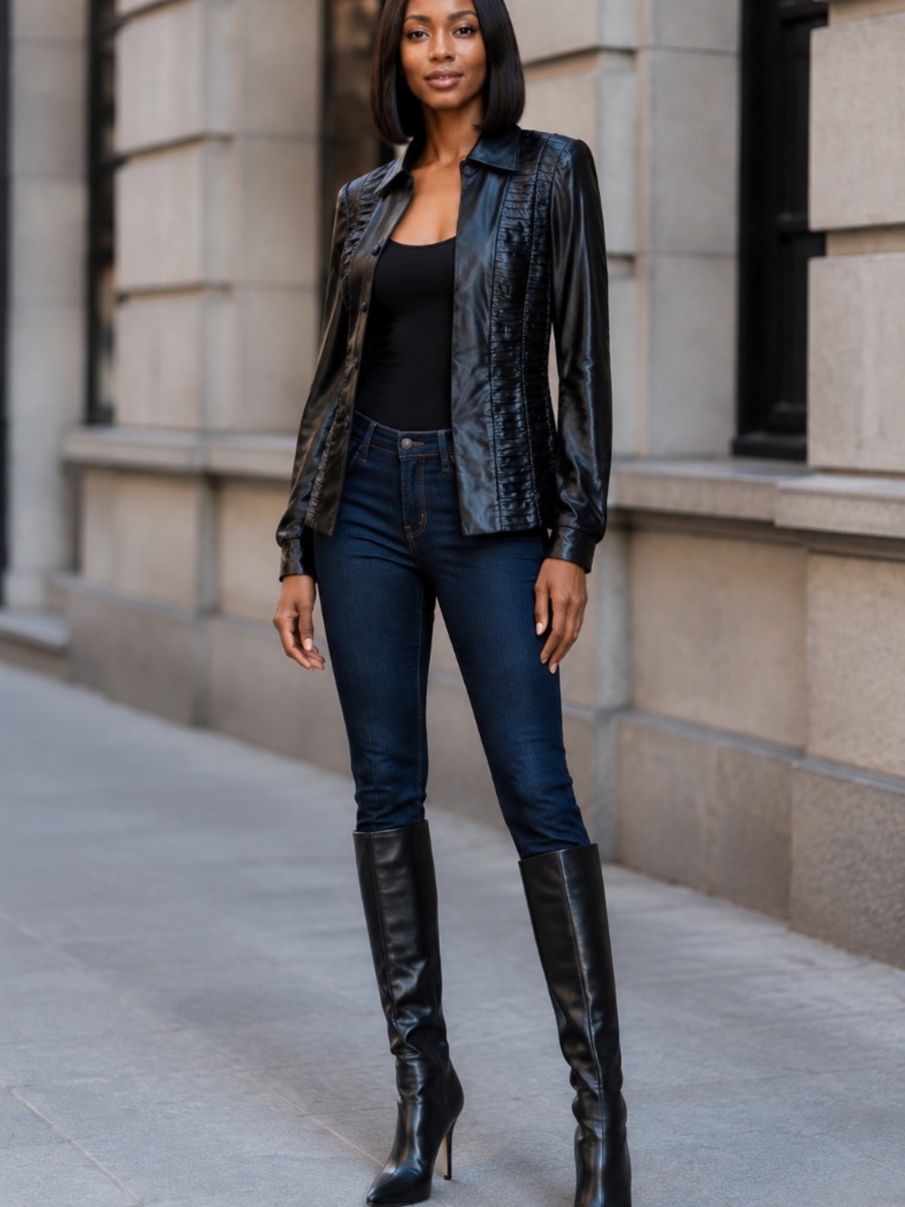 Worth | Black Shimmer Ruched Long Sleeve Button Down Jacket | Size 6